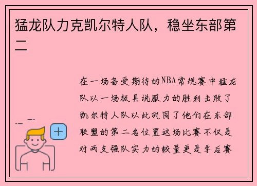 猛龙队力克凯尔特人队，稳坐东部第二